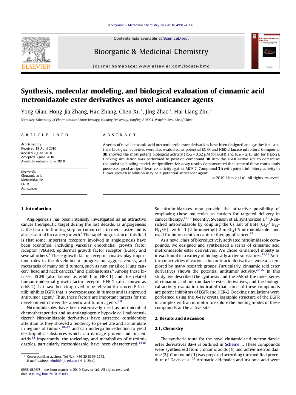 Synthesis, molecular modeling, and biological evaluation of cinnamic acid metronidazole ester derivatives as novel anticancer agents