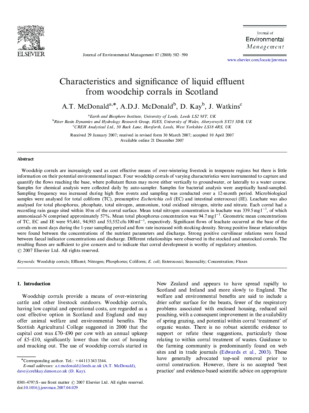 Characteristics and significance of liquid effluent from woodchip corrals in Scotland