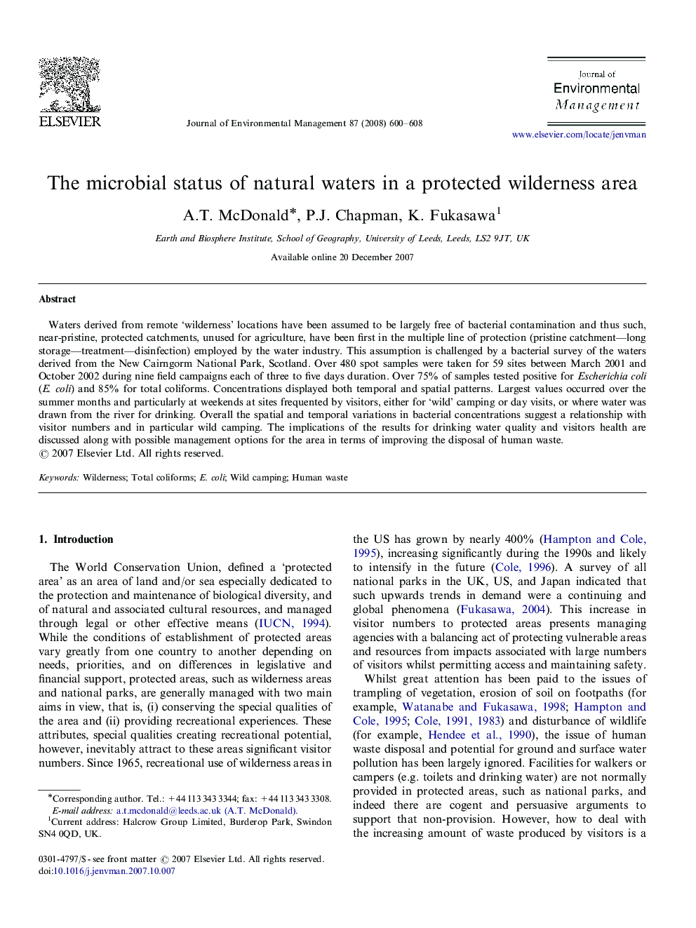 The microbial status of natural waters in a protected wilderness area