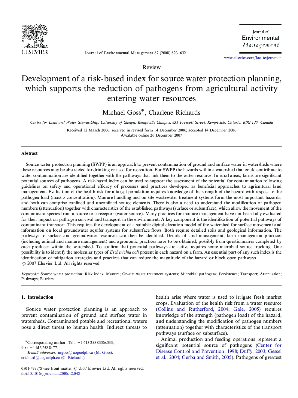 Development of a risk-based index for source water protection planning, which supports the reduction of pathogens from agricultural activity entering water resources