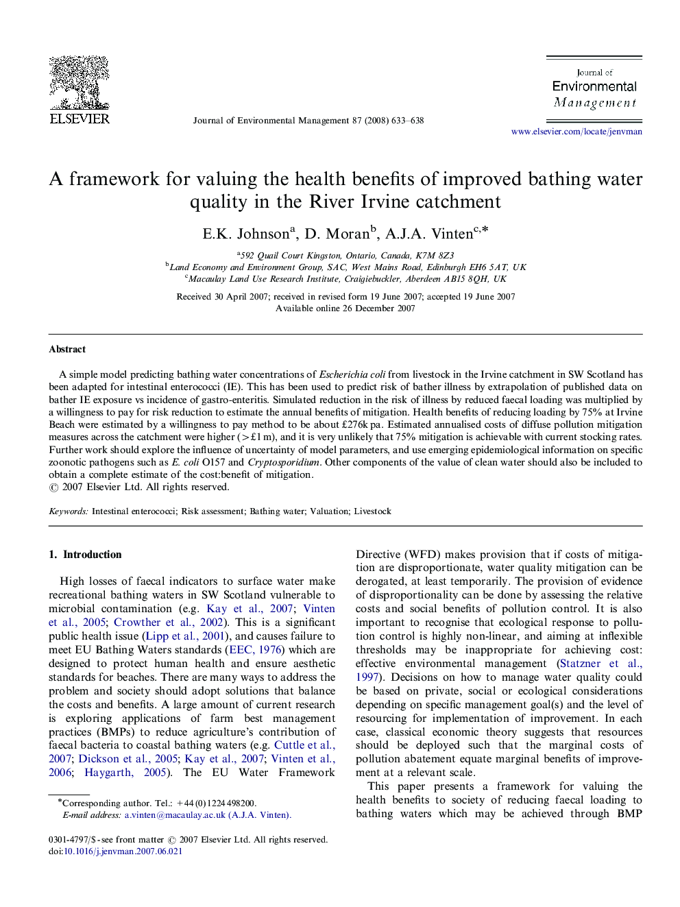 A framework for valuing the health benefits of improved bathing water quality in the River Irvine catchment