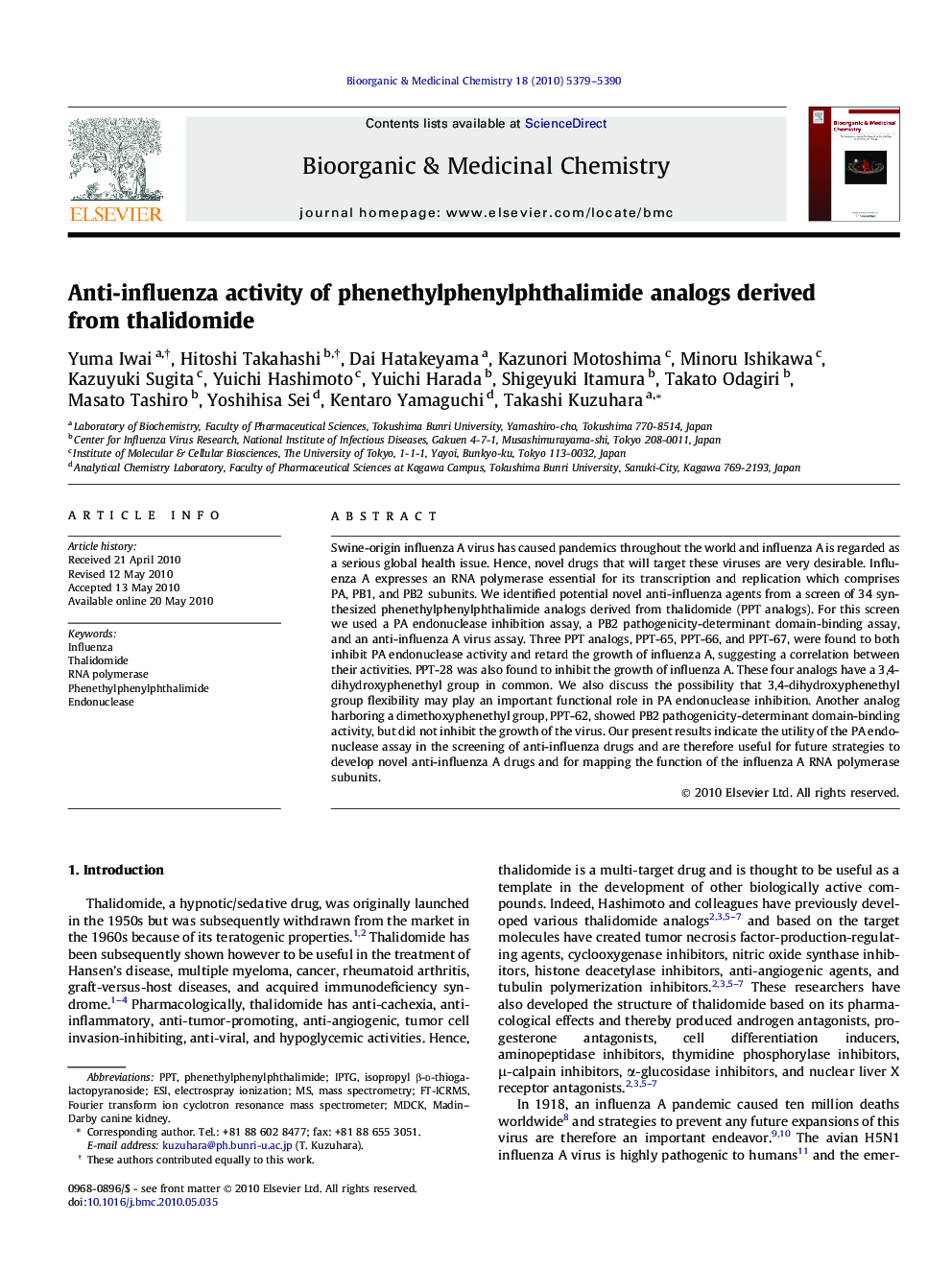 Anti-influenza activity of phenethylphenylphthalimide analogs derived from thalidomide