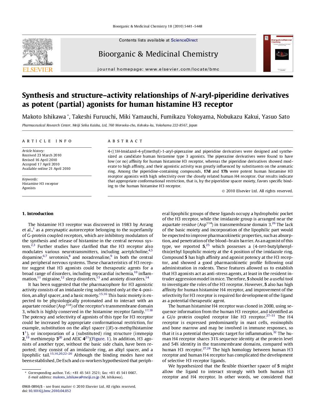 Synthesis and structure-activity relationships of N-aryl-piperidine derivatives as potent (partial) agonists for human histamine H3 receptor