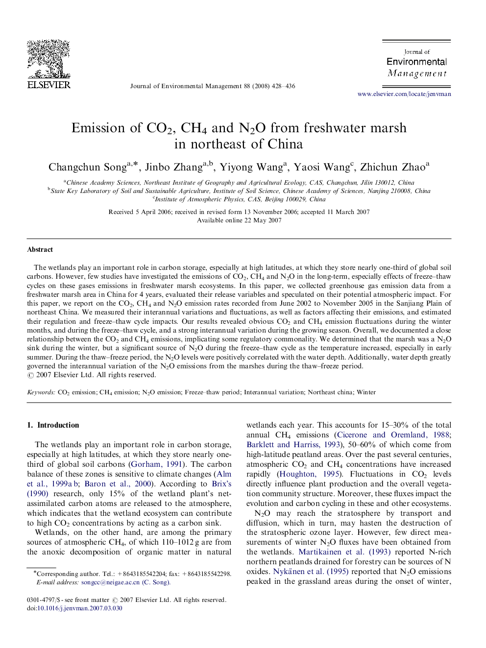 Emission of CO2, CH4 and N2O from freshwater marsh in northeast of China