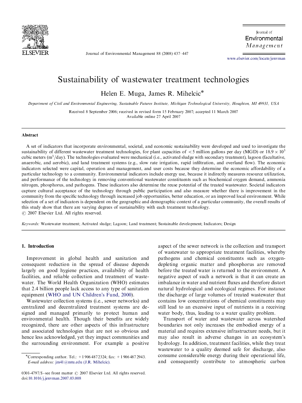 Sustainability of wastewater treatment technologies