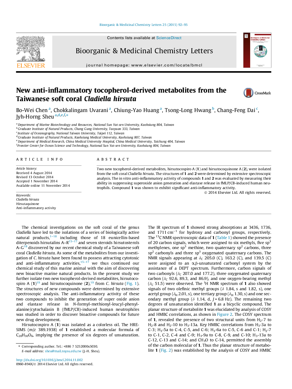 New anti-inflammatory tocopherol-derived metabolites from the Taiwanese soft coral Cladiella hirsuta