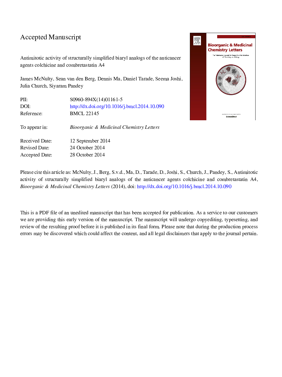 Antimitotic activity of structurally simplified biaryl analogs of the anticancer agents colchicine and combretastatin A4