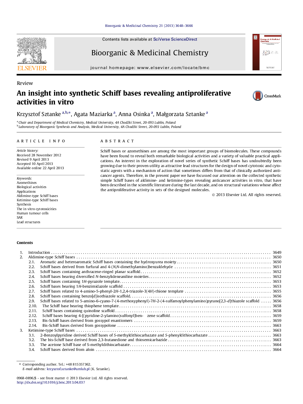 An insight into synthetic Schiff bases revealing antiproliferative activities in vitro