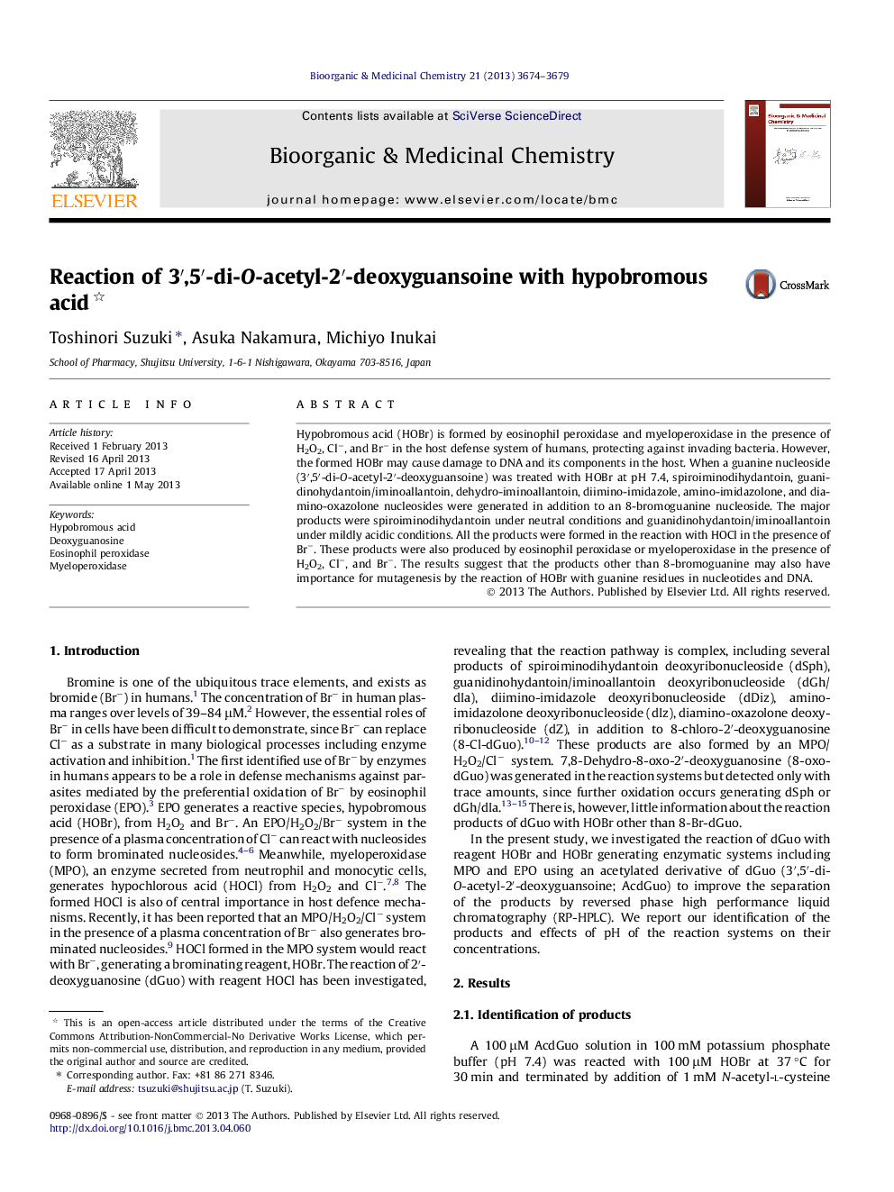 Reaction of 3â²,5â²-di-O-acetyl-2â²-deoxyguansoine with hypobromous acid