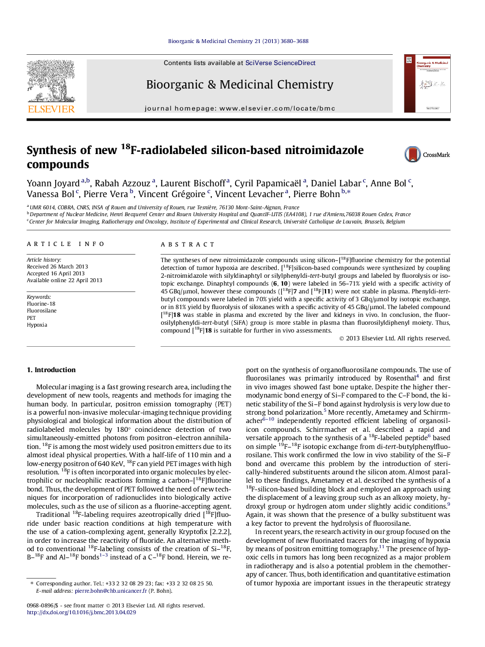 Synthesis of new 18F-radiolabeled silicon-based nitroimidazole compounds