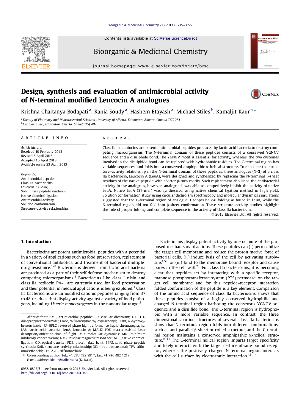 Design, synthesis and evaluation of antimicrobial activity of N-terminal modified Leucocin A analogues