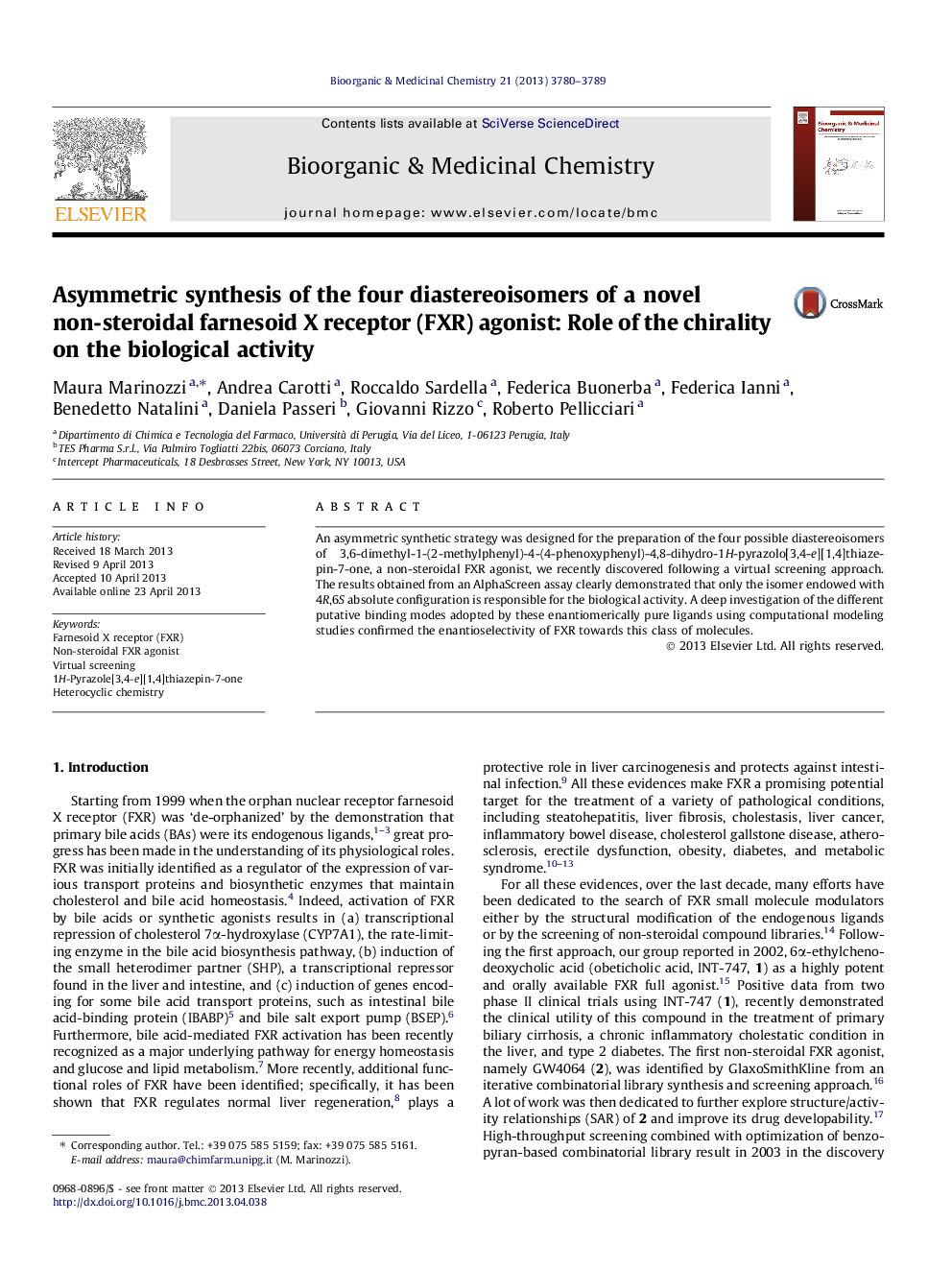 Asymmetric synthesis of the four diastereoisomers of a novel non-steroidal farnesoid X receptor (FXR) agonist: Role of the chirality on the biological activity