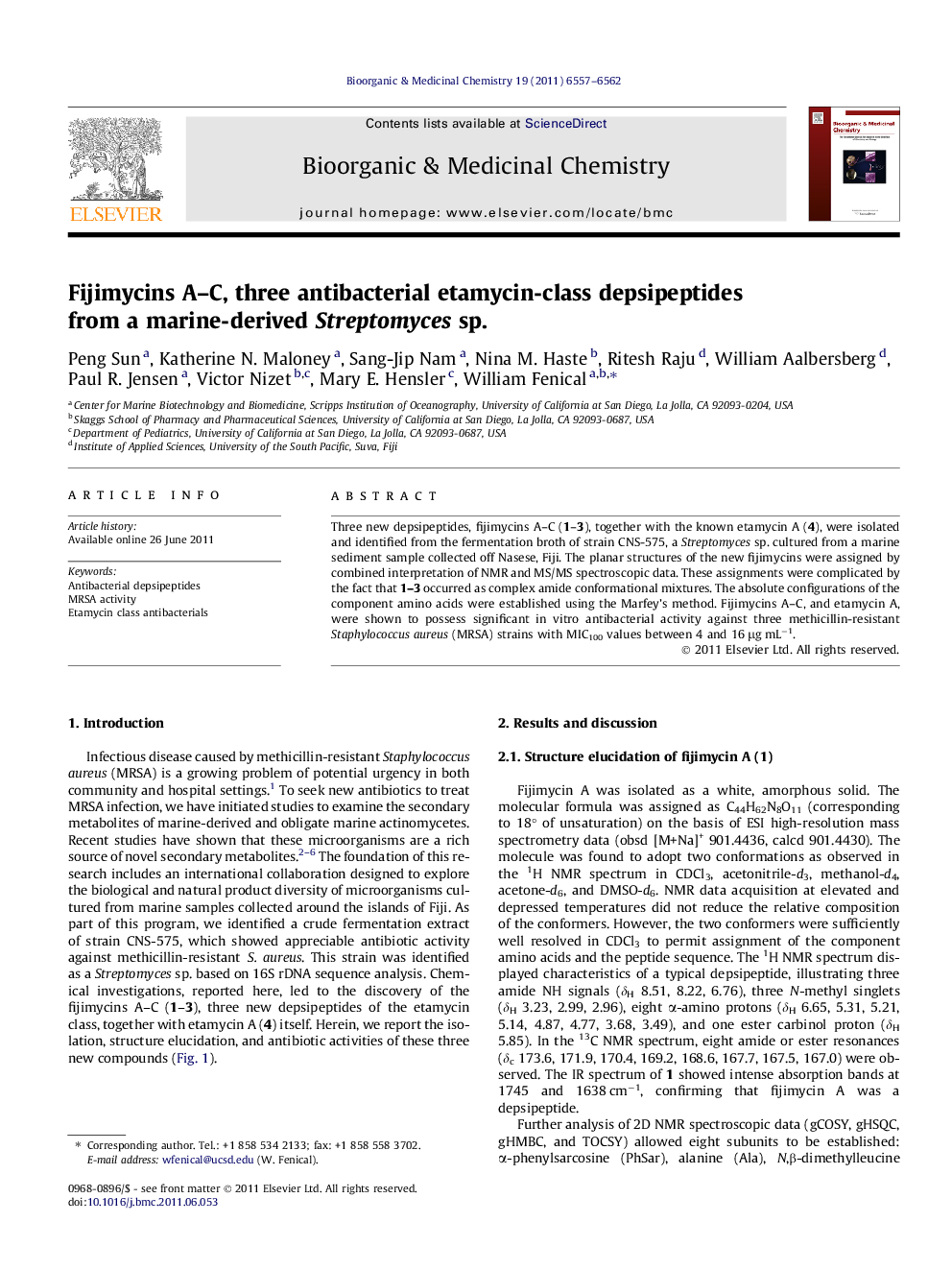 Fijimycins A-C, three antibacterial etamycin-class depsipeptides from a marine-derived Streptomyces sp.