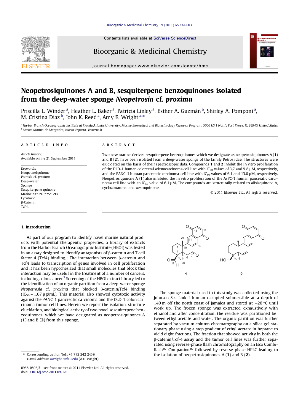 Neopetrosiquinones A and B, sesquiterpene benzoquinones isolated from the deep-water sponge Neopetrosia cf. proxima