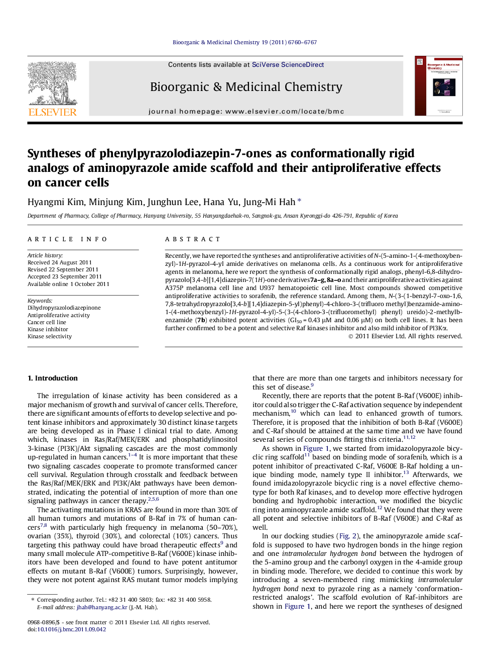 Syntheses of phenylpyrazolodiazepin-7-ones as conformationally rigid analogs of aminopyrazole amide scaffold and their antiproliferative effects on cancer cells