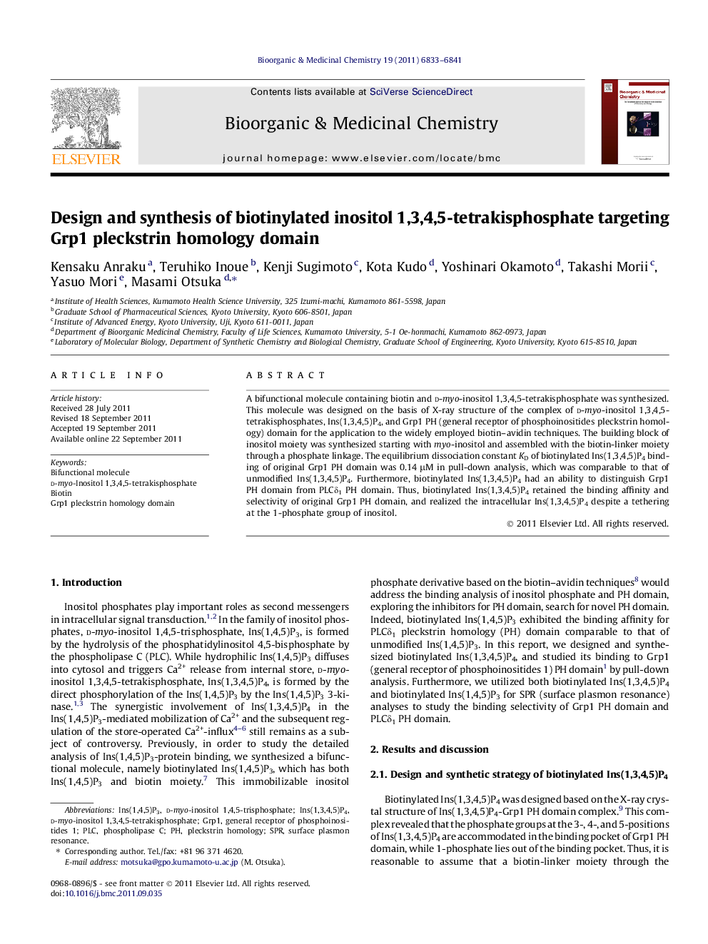 Design and synthesis of biotinylated inositol 1,3,4,5-tetrakisphosphate targeting Grp1 pleckstrin homology domain