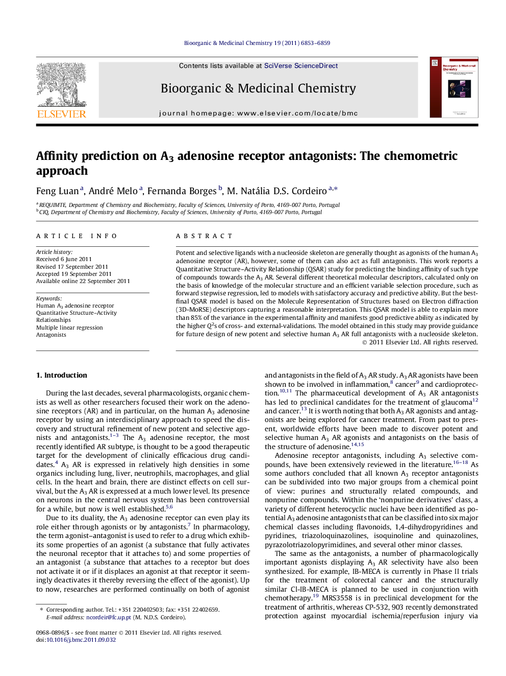 Affinity prediction on A3 adenosine receptor antagonists: The chemometric approach