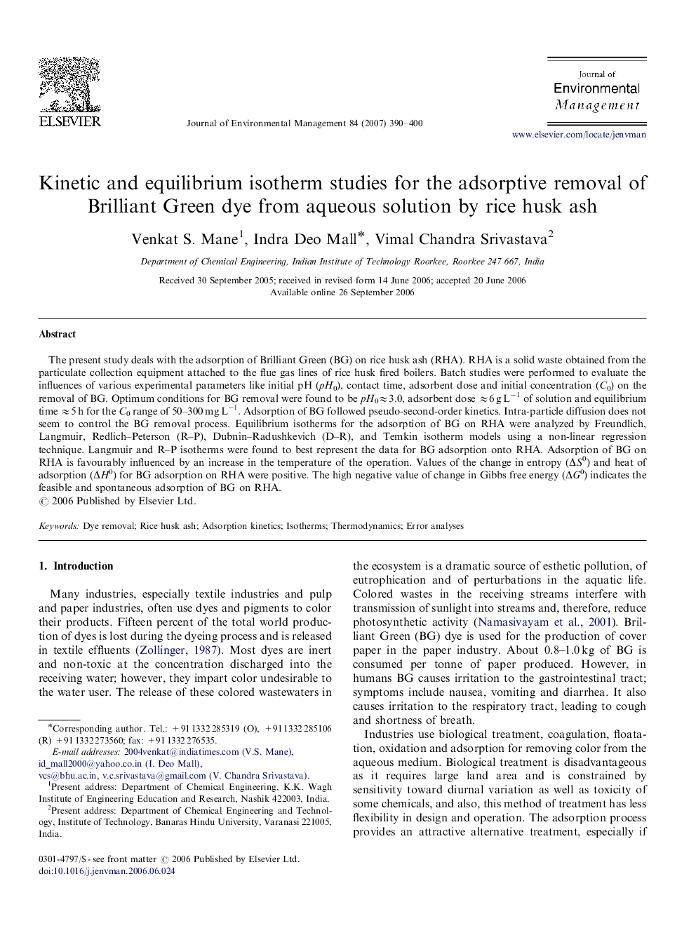 Kinetic and equilibrium isotherm studies for the adsorptive removal of Brilliant Green dye from aqueous solution by rice husk ash