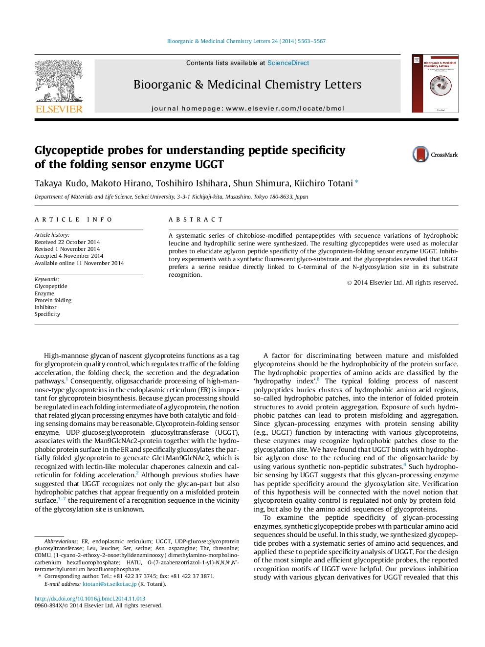 Glycopeptide probes for understanding peptide specificity of the folding sensor enzyme UGGT