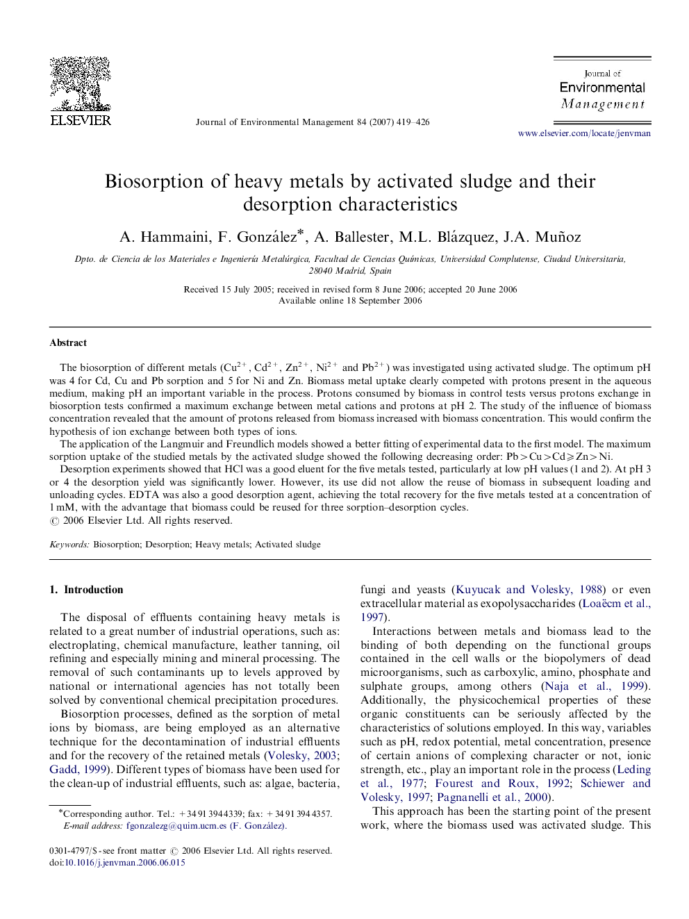 Biosorption of heavy metals by activated sludge and their desorption characteristics