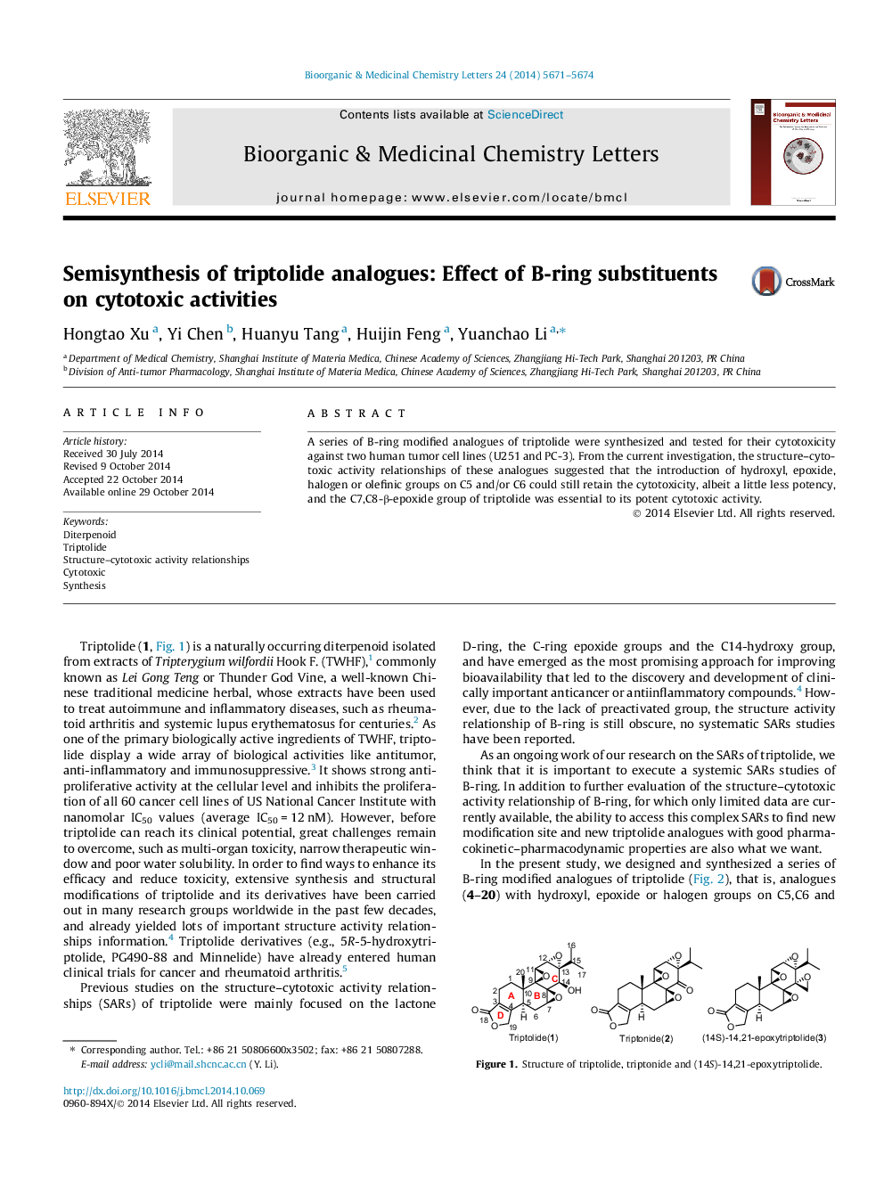 Semisynthesis of triptolide analogues: Effect of B-ring substituents on cytotoxic activities