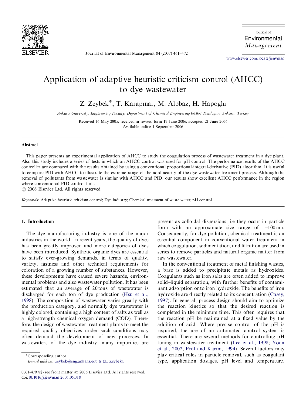 Application of adaptive heuristic criticism control (AHCC) to dye wastewater