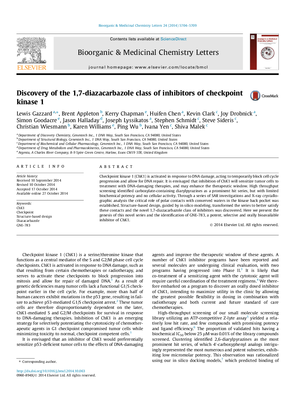 Discovery of the 1,7-diazacarbazole class of inhibitors of checkpoint kinase 1