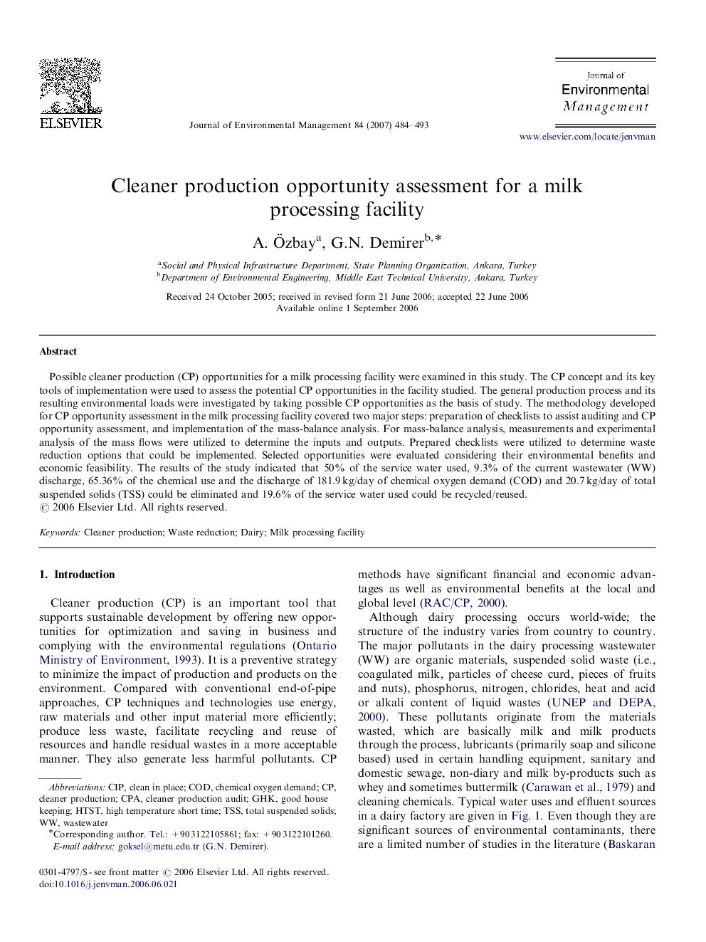 Cleaner production opportunity assessment for a milk processing facility