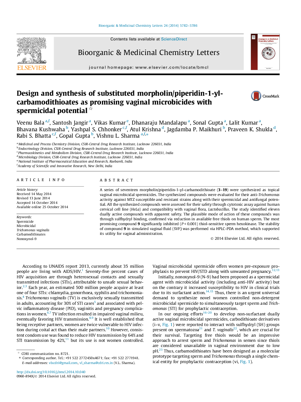 Design and synthesis of substituted morpholin/piperidin-1-yl-carbamodithioates as promising vaginal microbicides with spermicidal potential