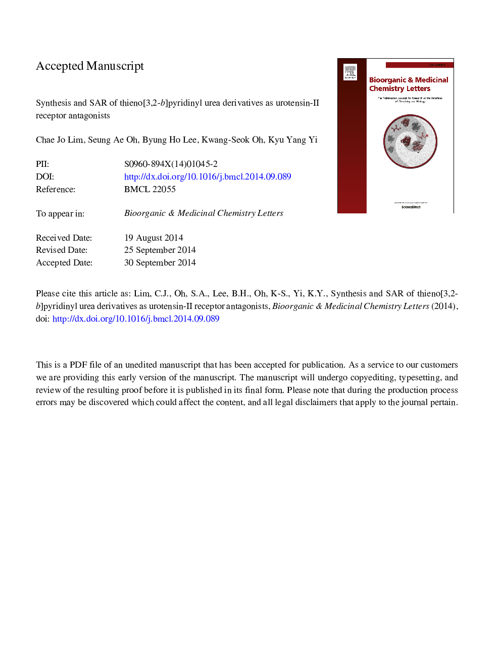 Synthesis and SAR of thieno[3,2-b]pyridinyl urea derivatives as urotensin-II receptor antagonists