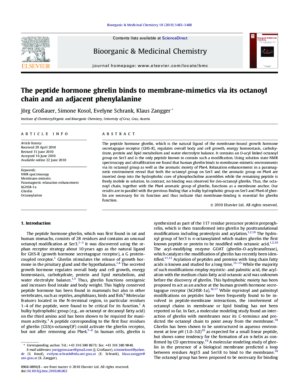 The peptide hormone ghrelin binds to membrane-mimetics via its octanoyl chain and an adjacent phenylalanine