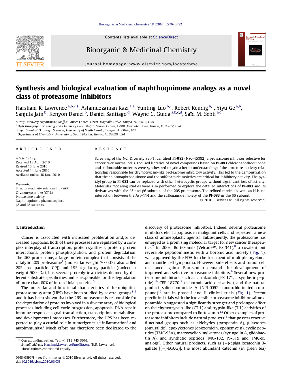 Synthesis and biological evaluation of naphthoquinone analogs as a novel class of proteasome inhibitors