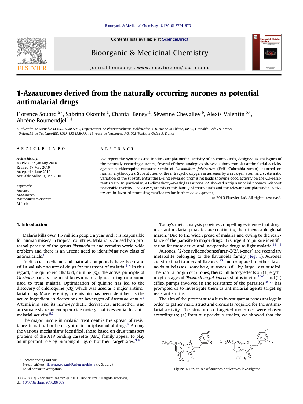 1-Azaaurones derived from the naturally occurring aurones as potential antimalarial drugs