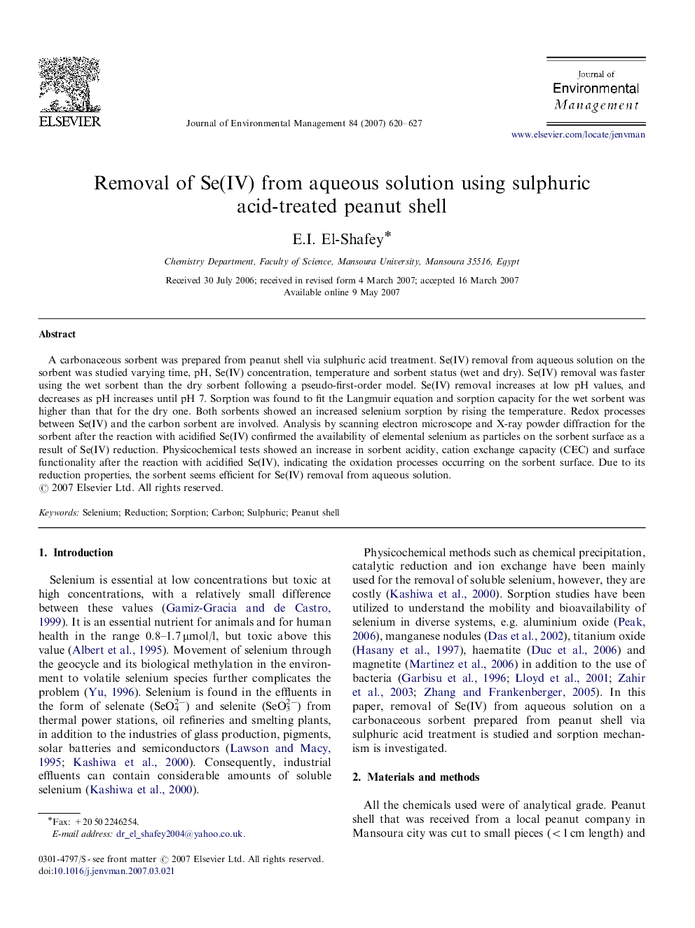 Removal of Se(IV) from aqueous solution using sulphuric acid-treated peanut shell