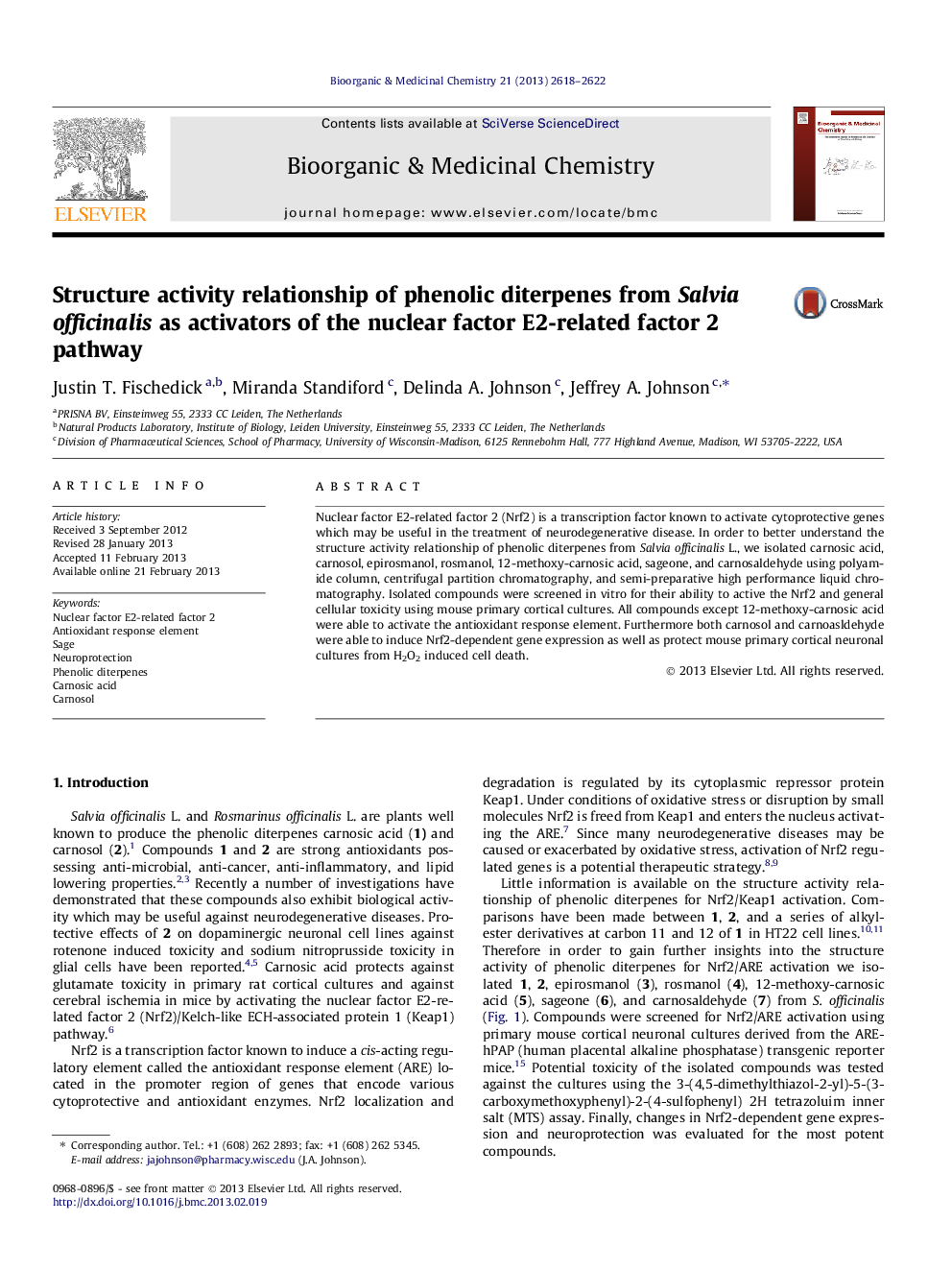 Structure activity relationship of phenolic diterpenes from Salvia officinalis as activators of the nuclear factor E2-related factor 2 pathway