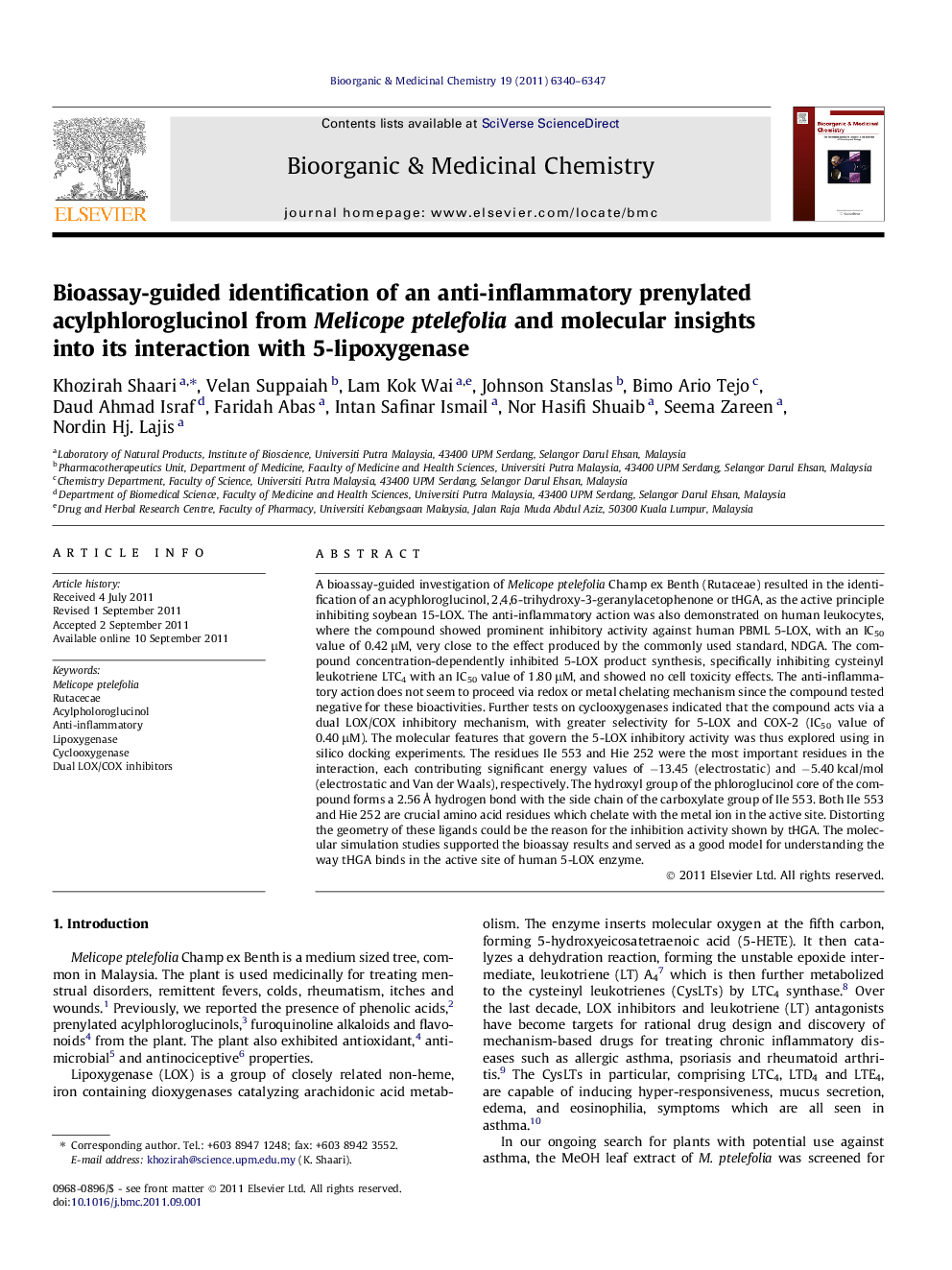 Bioassay-guided identification of an anti-inflammatory prenylated acylphloroglucinol from Melicope ptelefolia and molecular insights into its interaction with 5-lipoxygenase