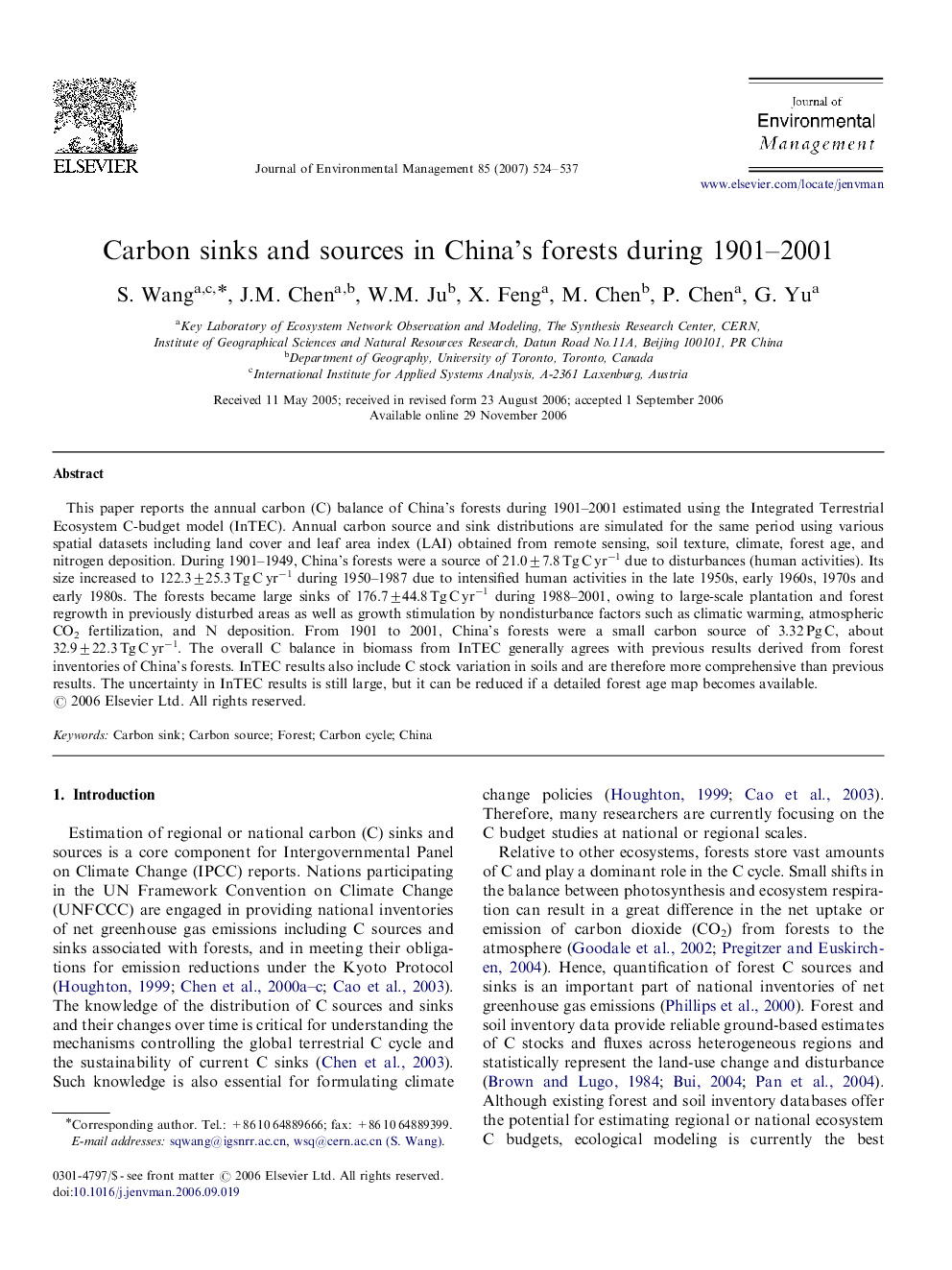 Carbon sinks and sources in China's forests during 1901–2001