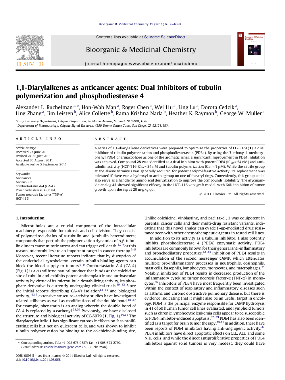 1,1-Diarylalkenes as anticancer agents: Dual inhibitors of tubulin polymerization and phosphodiesterase 4