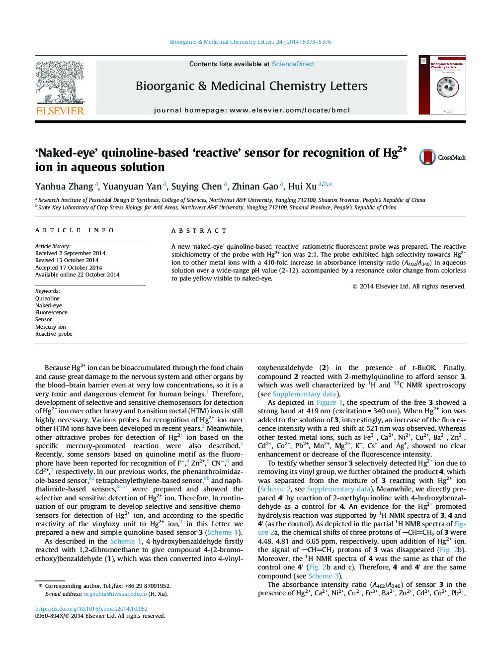 'Naked-eye' quinoline-based 'reactive' sensor for recognition of Hg2+ ion in aqueous solution