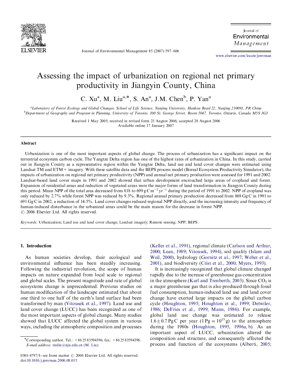 Assessing the impact of urbanization on regional net primary productivity in Jiangyin County, China