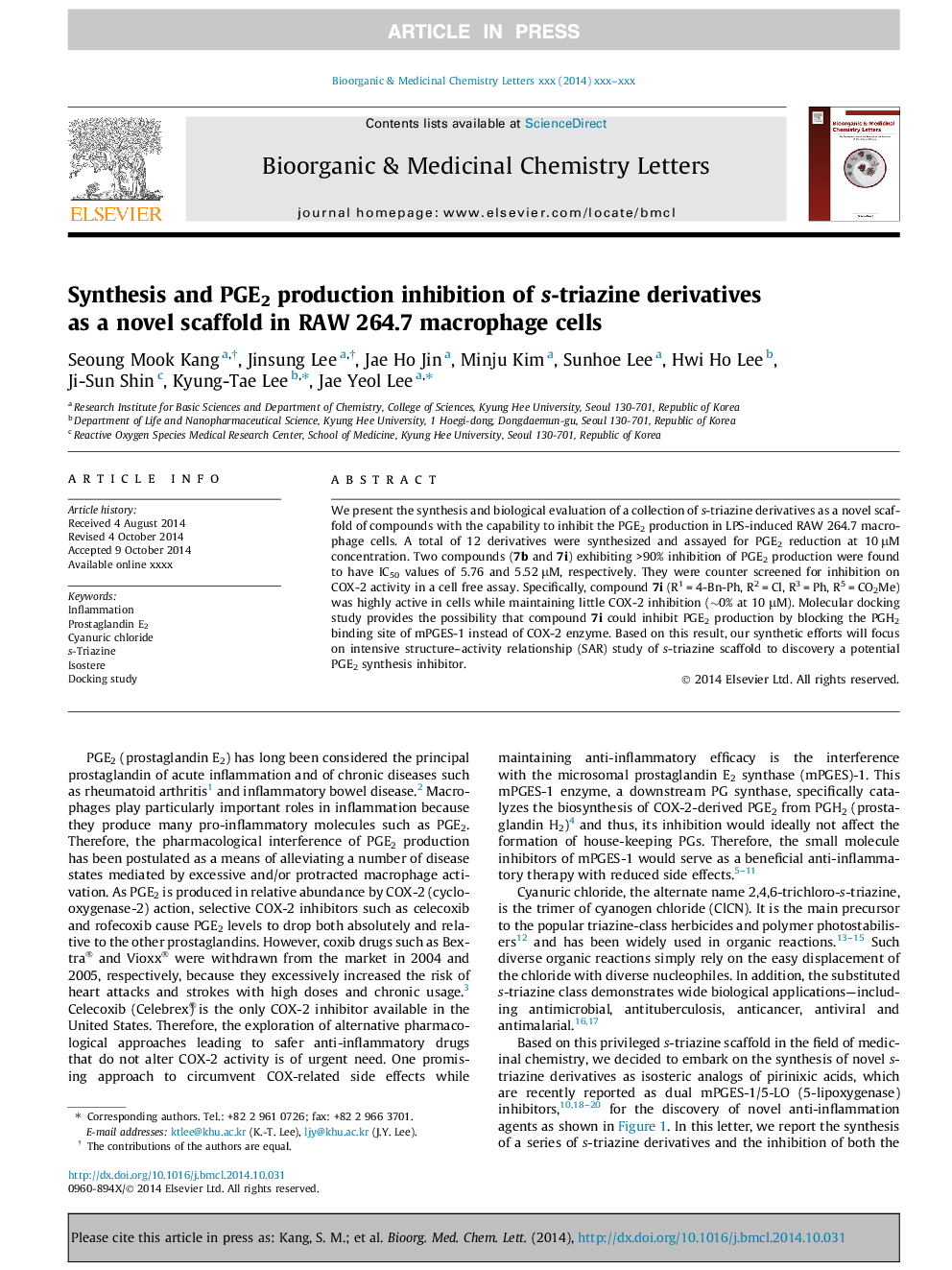 Synthesis and PGE2 production inhibition of s-triazine derivatives as a novel scaffold in RAW 264.7 macrophage cells