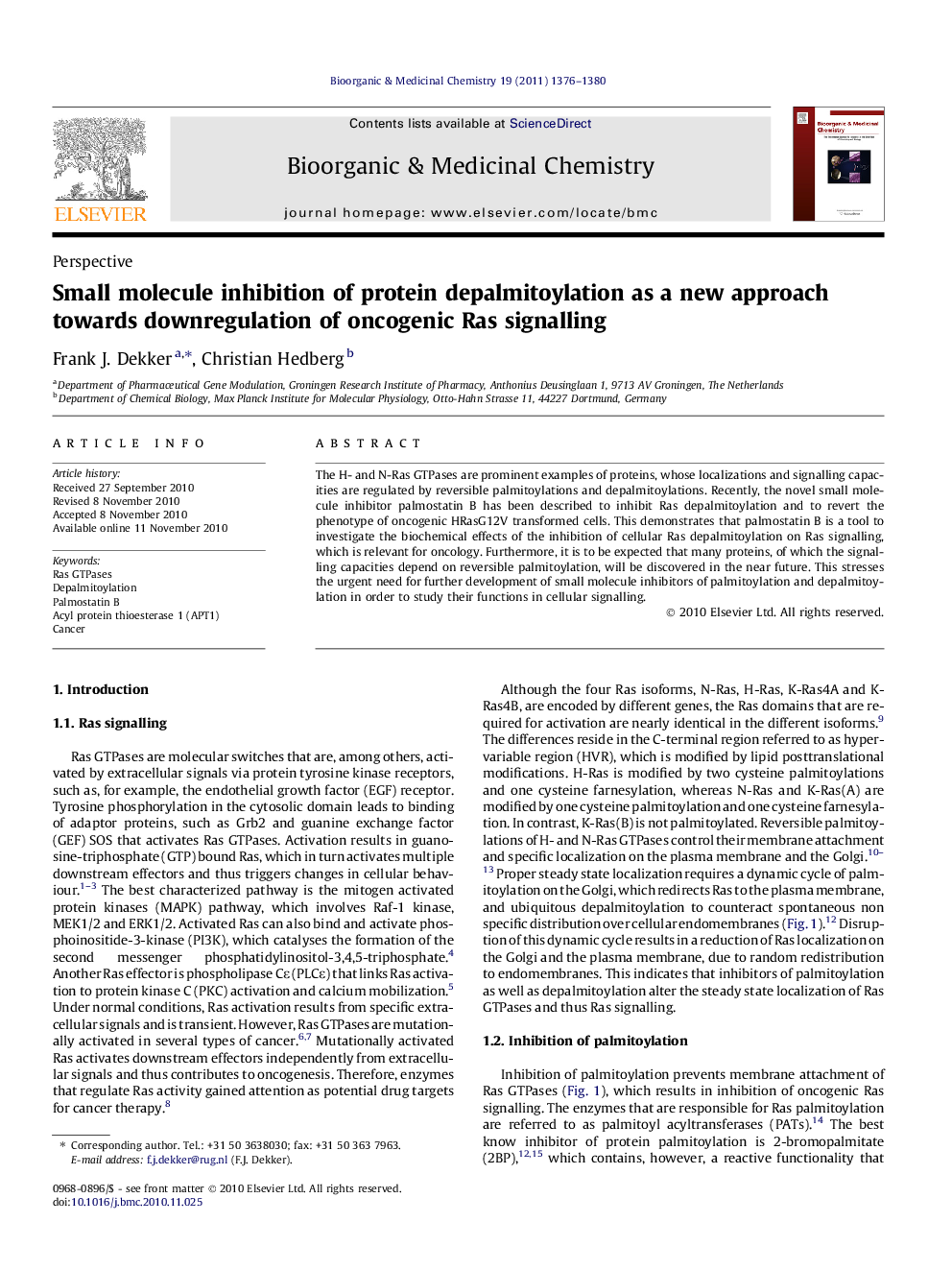 Small molecule inhibition of protein depalmitoylation as a new approach towards downregulation of oncogenic Ras signalling