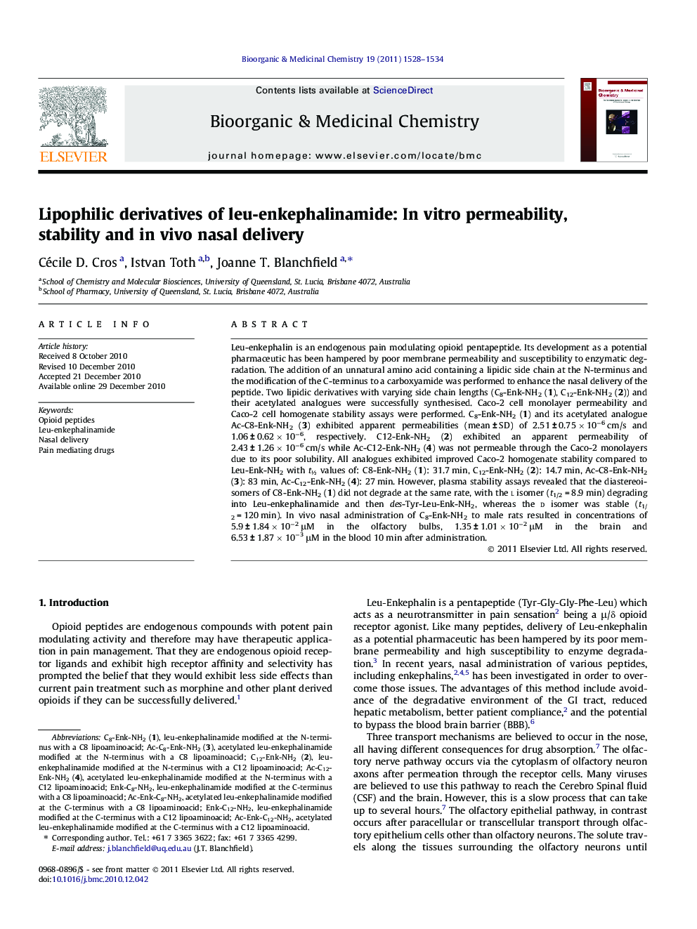 Lipophilic derivatives of leu-enkephalinamide: In vitro permeability, stability and in vivo nasal delivery