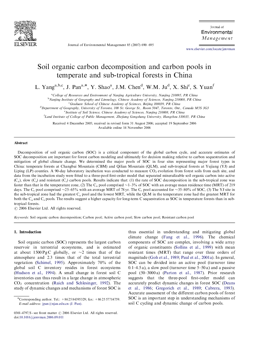 Soil organic carbon decomposition and carbon pools in temperate and sub-tropical forests in China