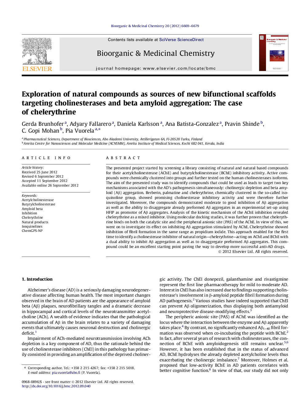 Exploration of natural compounds as sources of new bifunctional scaffolds targeting cholinesterases and beta amyloid aggregation: The case of chelerythrine