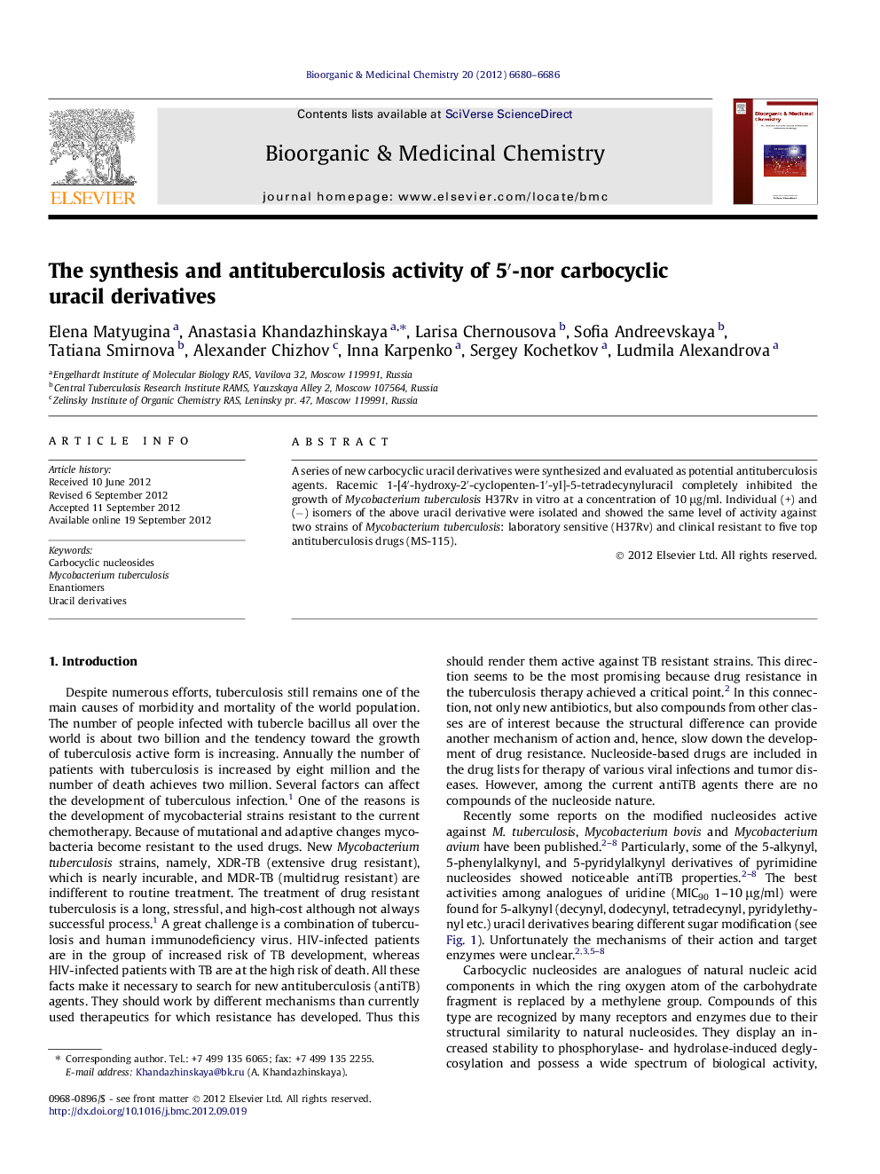 The synthesis and antituberculosis activity of 5â²-nor carbocyclic uracil derivatives