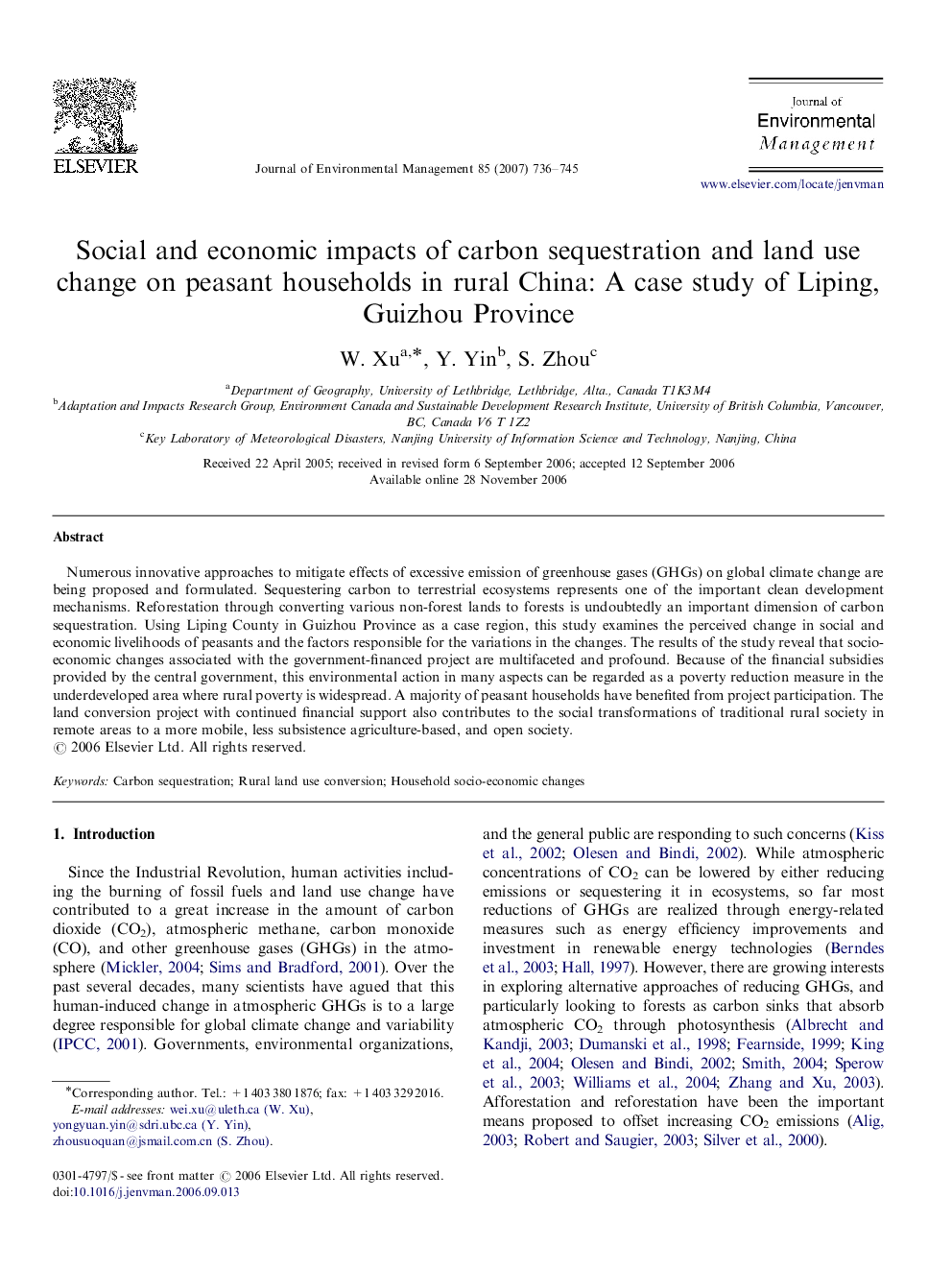 Social and economic impacts of carbon sequestration and land use change on peasant households in rural China: A case study of Liping, Guizhou Province