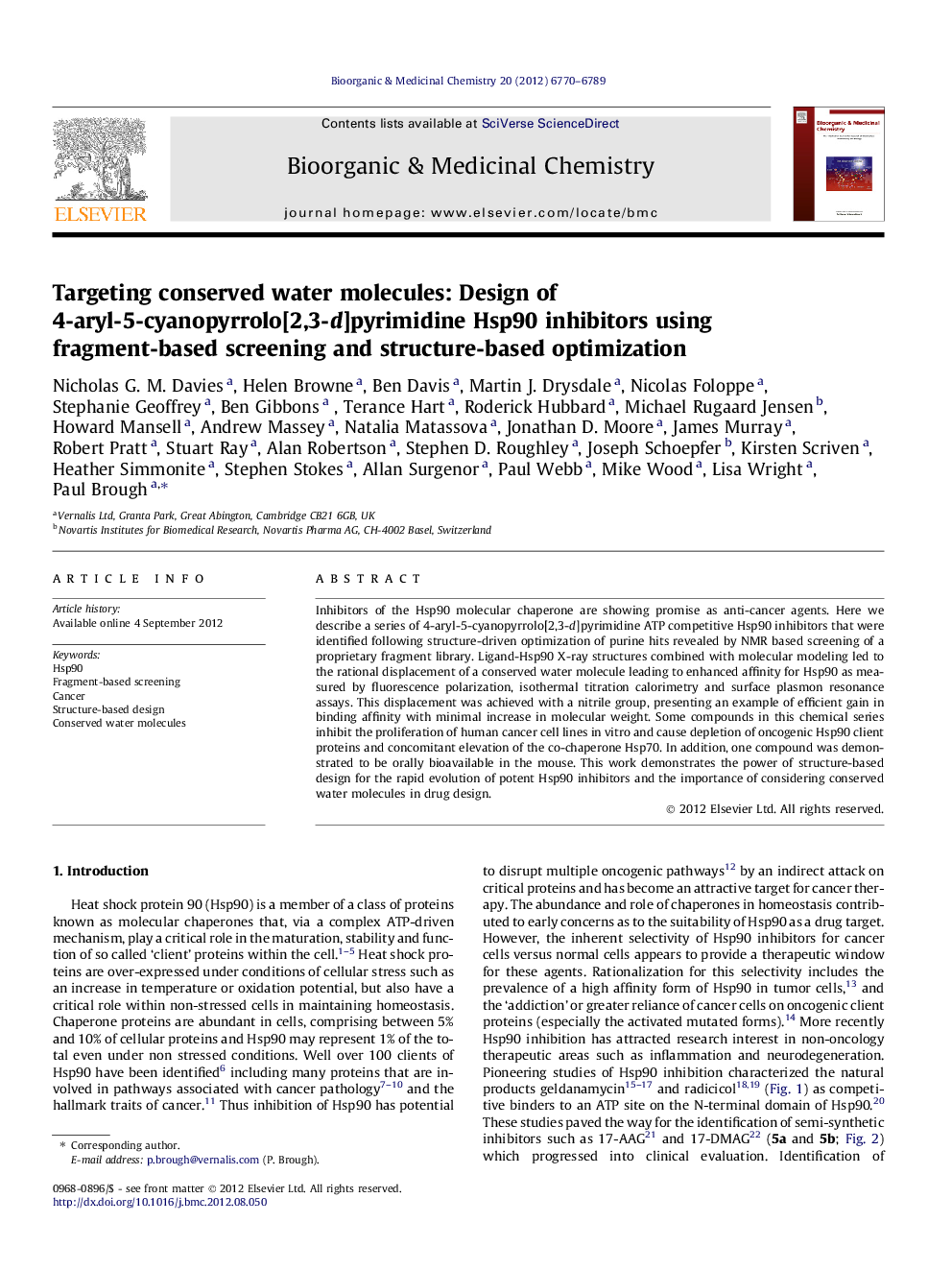 Targeting conserved water molecules: Design of 4-aryl-5-cyanopyrrolo[2,3-d]pyrimidine Hsp90 inhibitors using fragment-based screening and structure-based optimization