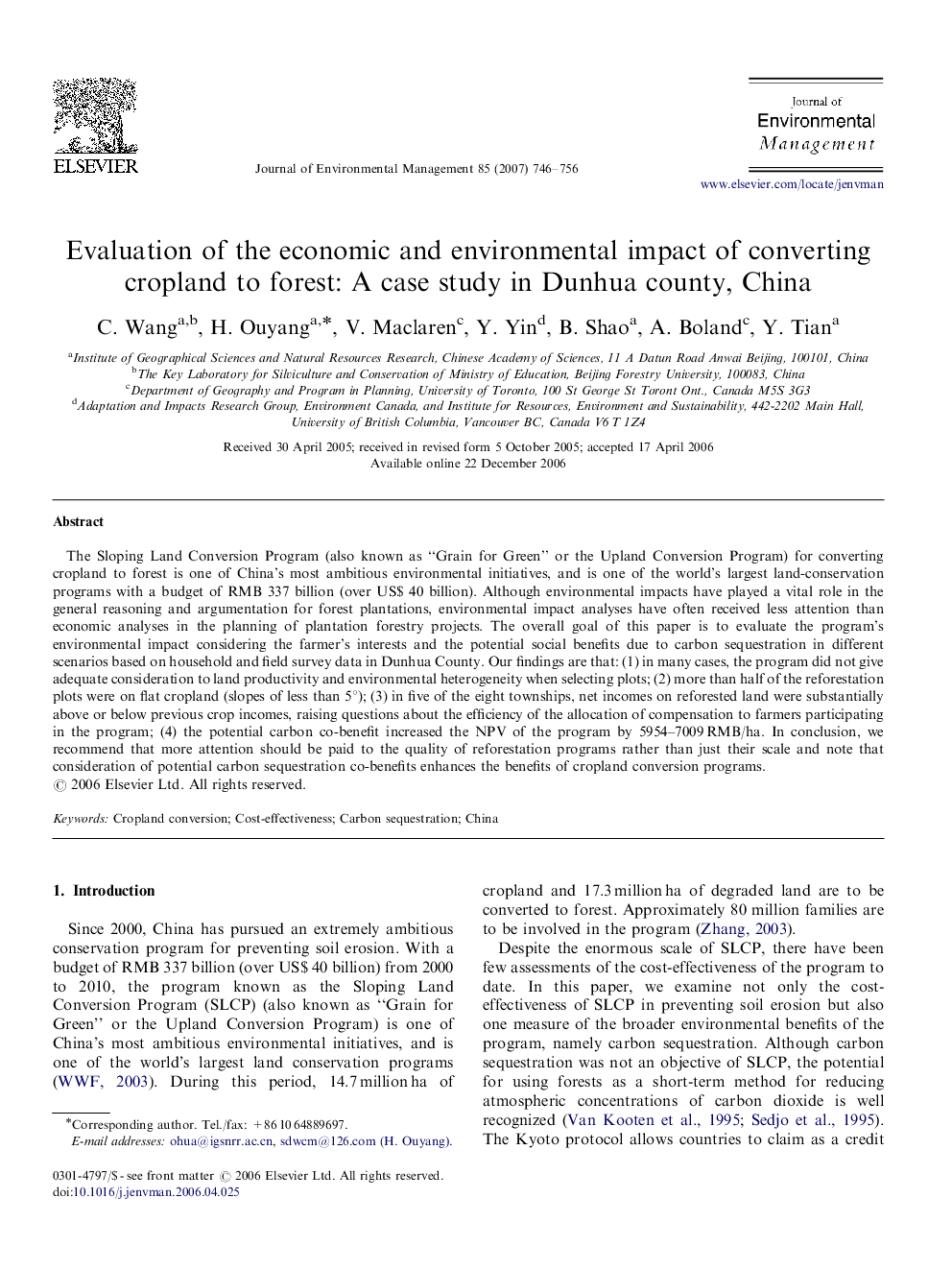 Evaluation of the economic and environmental impact of converting cropland to forest: A case study in Dunhua county, China