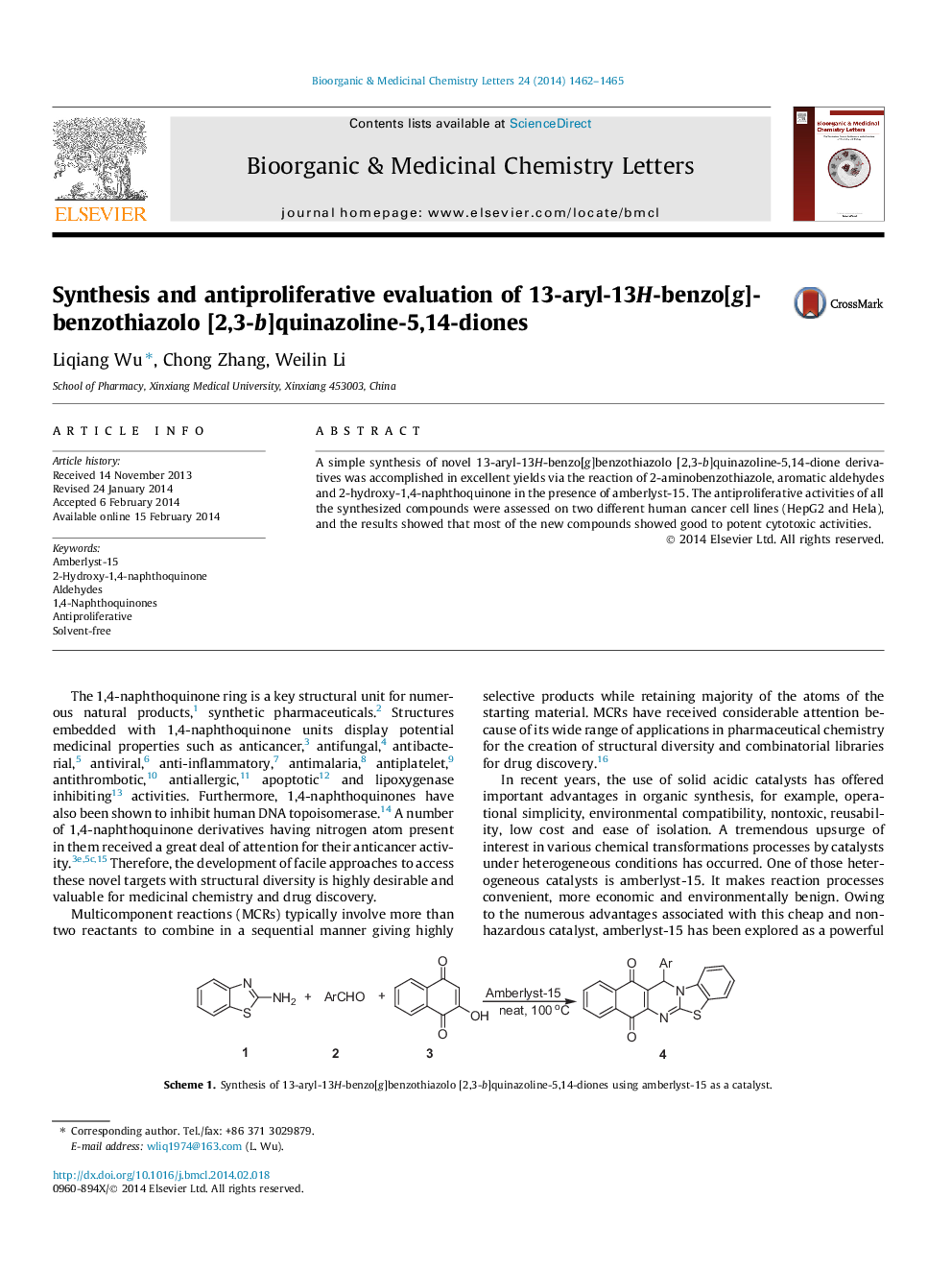 Synthesis and antiproliferative evaluation of 13-aryl-13H-benzo[g]benzothiazolo [2,3-b]quinazoline-5,14-diones